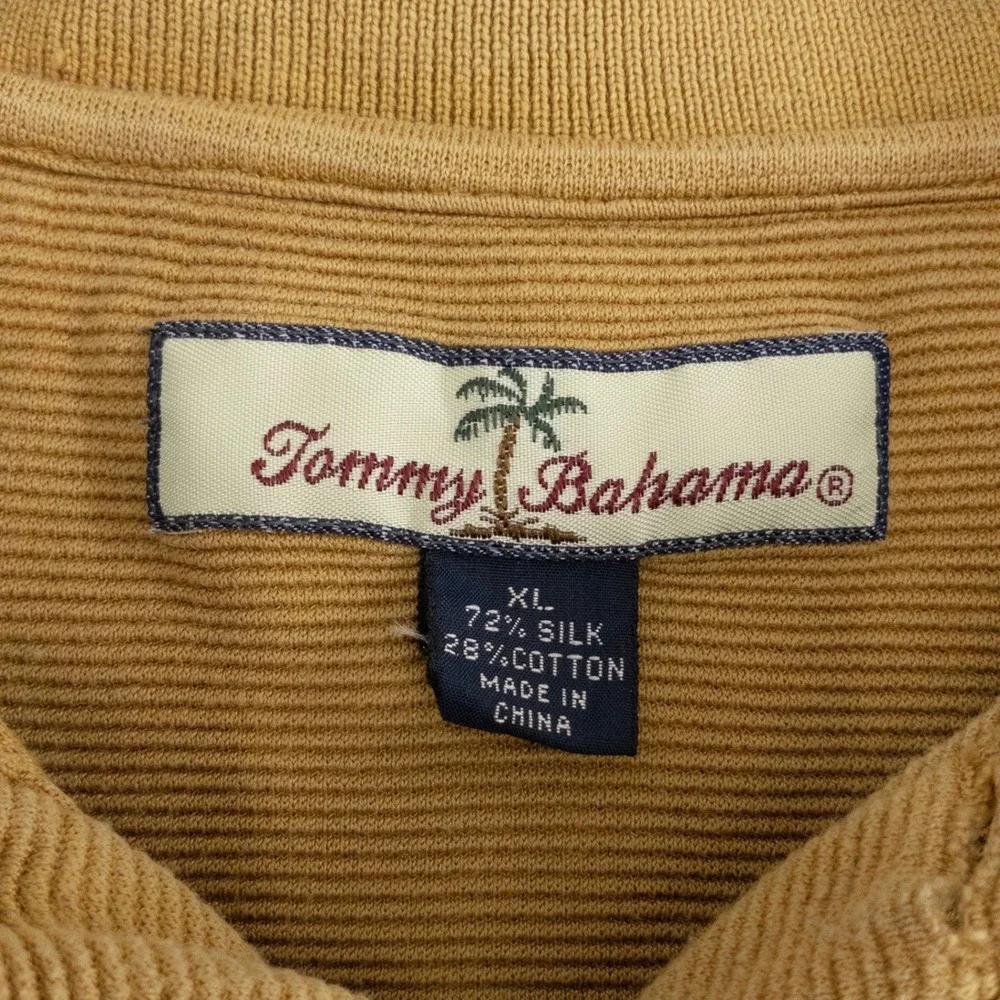 Tommy Bahama Men's XL Silk Blend Ribbed Long Sleeve Polo Shirt Tan/Yellow
